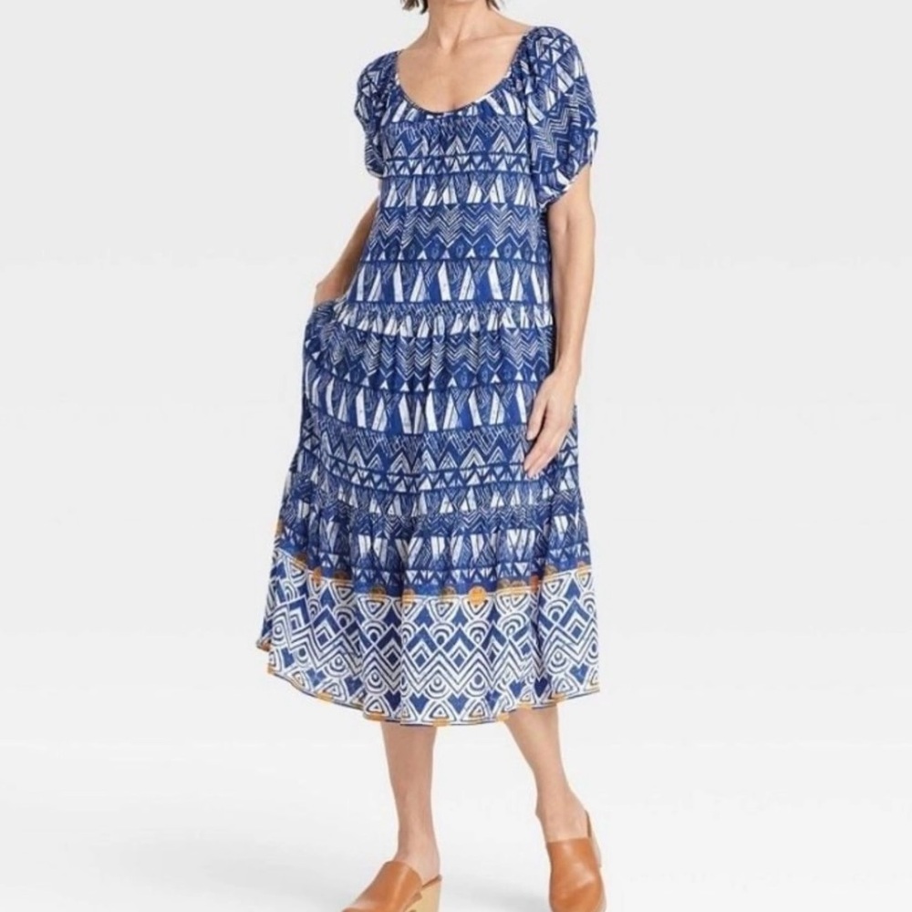 Knox Rose Women Dress Blue Short-Sleeve Geometric Tiered Midi Dress, Large
